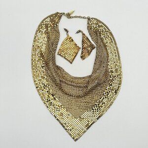 Vintage Whiting & Davis Signed Mesh Gold Tone Necklace and Earring Set 17” Bib